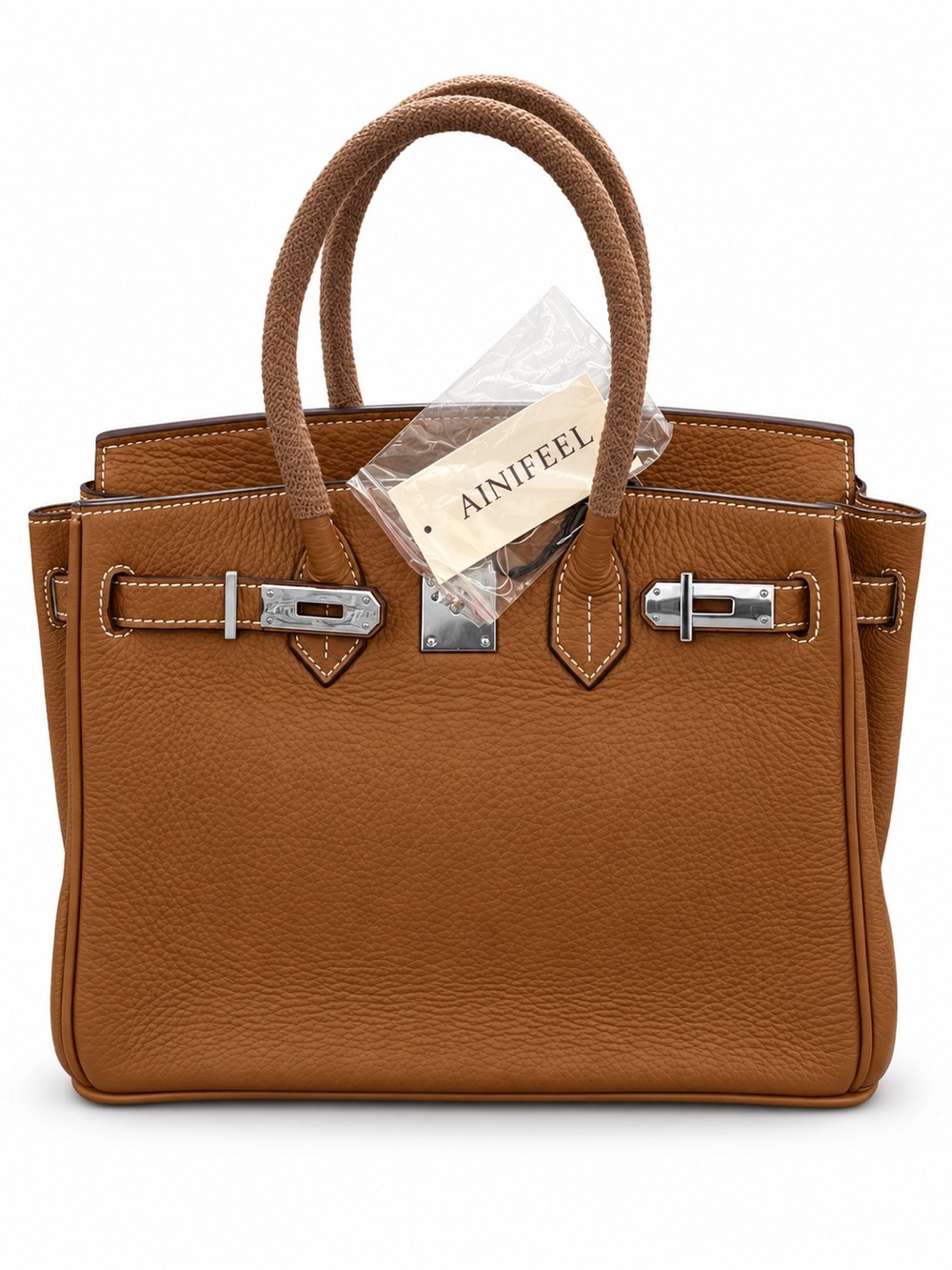 Ainifeel Cognac Pebble Leather Satchel with Top Handles